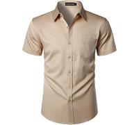 PARKLEES Mens Casual Urban Stylish Slim Fit Short Sleeve Button Up Dress Shirt with Pocket EU-ZLSC15 Khaki XXX-Large