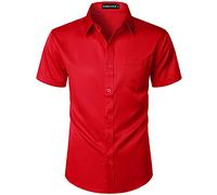 PARKLEES Mens Casual Urban Stylish Slim Fit Short Sleeve Button Up Dress Shirt with Pocket EU-ZLSC15 Red XXX-Large