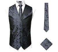 PARKLEES Men's Classic 3pc Paisley Waistcoat Necktie Pocket Square Set Wedding Prom Party Vest for Suit or Tuxedo Charcoal M