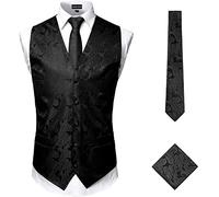 PARKLEES Men's Classic 3pc Paisley Waistcoat Necktie Pocket Square Set Wedding Prom Party Vest for Suit or Tuxedo Black M