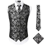 PARKLEES Men's Classic 3pc Paisley Waistcoat Necktie Pocket Square Set Wedding Prom Party Vest for Suit or Tuxedo black Silver XXL