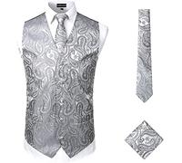 PARKLEES Men's Classic 3pc Paisley Waistcoat Necktie Pocket Square Set Wedding Prom Party Vest for Suit or Tuxedo Gray XL