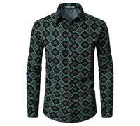 PARKLEES Men's Cotton Linen 70s Disco Retro Traditional Pattern Printed Long Sleeve Button Down Shirt Vine Green X-Large