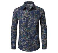 PARKLEES Men's Cotton Linen 70s Disco Retro Traditional Pattern Printed Long Sleeve Button Down Shirt Blue Flowers X-Large