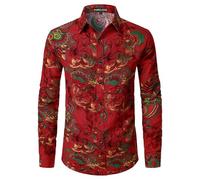 PARKLEES Men's Cotton Linen 70s Disco Retro Traditional Pattern Printed Long Sleeve Button Down Shirt Red XX-Large