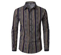 PARKLEES Men's Cotton Linen 70s Disco Retro Traditional Pattern Printed Long Sleeve Button Down Shirt Navy Yellow Stripes XXX-Large