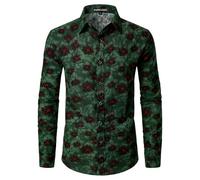 PARKLEES Men's Cotton Linen 70s Disco Retro Traditional Pattern Printed Long Sleeve Button Down Shirt Dark Green Flowers XX-Large