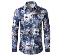 PARKLEES Men's Cotton Linen 70s Disco Retro Traditional Pattern Printed Long Sleeve Button Down Shirt Blue White Large