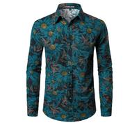 PARKLEES Men's Cotton Linen 70s Disco Retro Traditional Pattern Printed Long Sleeve Button Down Shirt Navy Flowers Medium