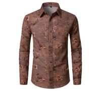 PARKLEES Men's Cotton Linen 70s Disco Retro Traditional Pattern Printed Long Sleeve Button Down Shirt Brown Small