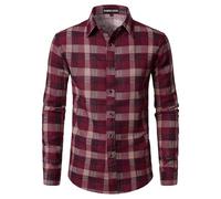 PARKLEES Men's Cotton Linen 70s Disco Retro Traditional Pattern Printed Long Sleeve Button Down Shirt Red Plaid Large