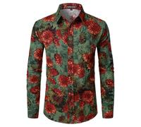 PARKLEES Men's Cotton Linen 70s Disco Retro Traditional Pattern Printed Long Sleeve Button Down Shirt Green Flowers X-Large