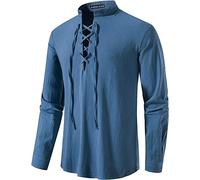PARKLEES Men's Cotton Retro Lace Up Long Sleeve Shirts for Renaissance Pirate Viking Medieval Halloween Cosplay Costumes Classic Blue X-Large