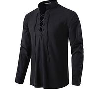 PARKLEES Men's Cotton Retro Lace Up Long Sleeve Shirts for Renaissance Pirate Viking Medieval Halloween Cosplay Costumes Black X-Large