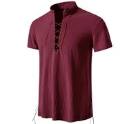 PARKLEES Men's Cotton Retro Lace Up Short Sleeve Shirts for Renaissance Pirate Viking Medieval Halloween Cosplay Costumes Burgundy XX-Large