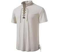 PARKLEES Men's Cotton Retro Lace Up Short Sleeve Shirts for Renaissance Pirate Viking Medieval Halloween Cosplay Costumes Beige White Large
