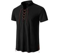 PARKLEES Men's Cotton Retro Lace Up Short Sleeve Shirts for Renaissance Pirate Viking Medieval Halloween Cosplay Costumes Black XX-Large