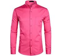 PARKLEES Men's Grandad Collar Smart Dress Shirt Slim Fit Long Sleeve Button Up Shirts with Pocket Desert Rose Red XL