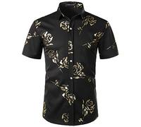 PARKLEES Mens Hipster Gold Rose Printed Slim Fit Short Sleeve Button Down Dress Shirts Black Gold M