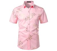 PARKLEES Mens Hipster Gold Rose Printed Slim Fit Short Sleeve Button Down Dress Shirts Pink Gold S