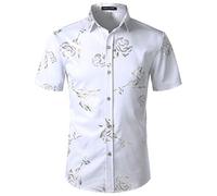 PARKLEES Mens Hipster Gold Rose Printed Slim Fit Short Sleeve Button Down Dress Shirts White Gold L