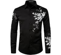 PARKLEES Men's Hipster Rose Floral Print Design Slim Fit Long Sleeve Button Up Party Dress Shirt Black White XL