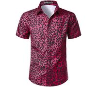 PARKLEES Men's Leopard Print Shirt Casual Cheetah Printed Short Sleeve Button Down Shirt Hot Pink X-Large