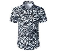 PARKLEES Men's Leopard Print Shirt Casual Cheetah Printed Short Sleeve Button Down Shirt Light Blue Large