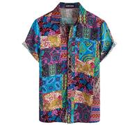 PARKLEES Men's Linen 70s Hippie Style Floral Print Shirt Short Sleeve Button Down Hawaiian Shirts Blue Pink Large