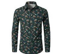 PARKLEES Men's Linen 70s Hippie Traditional Style Pattern Printed Long Sleeve Button up Shirt Dark Green XXX-Large