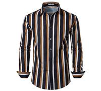 PARKLEES Men's Linen 70s Hippie Traditional Style Pattern Printed Long Sleeve Button up Shirt Navy Stripe Small