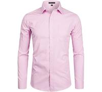 PARKLEES Men's Long Sleeve Dress Shirt Solid Slim Fit Casual Business Formal Button Up Shirts with Pocket Pink XL