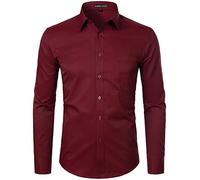 PARKLEES Men's Long Sleeve Dress Shirt Solid Slim Fit Casual Business Formal Button Up Shirts with Pocket Burgundy XL