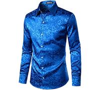 PARKLEES Men's Luxury Jacquard Long Sleeve Dress Shirt Slim Fit Satin Slik Like Floral Printend Shirts for Wedding Party Prom Royal Blue XXL