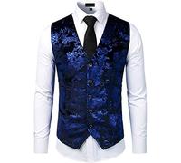 PARKLEES Mens Luxury Metallic Paisley Gold Printed Waistcoat Shiny Wedding Prom Party Vest for Suit or Tuxedo Royal Blue M
