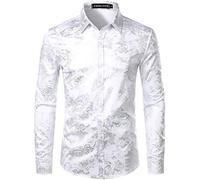 PARKLEES Men's Luxury Paisley Gold Shiny Printed Stylish Slim Fit Button Down Dress Shirt PZLCL18 White Silver S