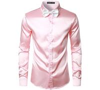 PARKLEES Men's Luxury Shiny Silk Like Satin Long Sleeve Dress Shirts for Party Disco Prom PZLCL14 Pink XXL