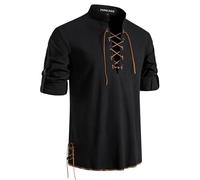 PARKLEES Men's Medieval Viking Pirate Retro Lace Up Long Sleeve Shirts for Renaissance Halloween Cosplay Costumes Black Small
