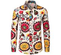 PARKLEES Mens Retro Traditional Ethnic Pattern Printed Linen Long Sleeve Button Down Shirt Beige Yellow L