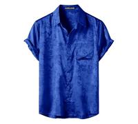 PARKLEES Men's Silk Satin Shiny Jacquard Summer Short Sleeve Shirt Luxury Leisure Floral Button Down Shirt Royal Blue Large