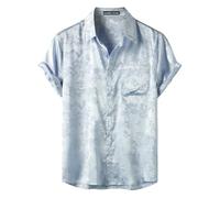 PARKLEES Men's Silk Satin Shiny Jacquard Summer Short Sleeve Shirt Luxury Leisure Floral Button Down Shirt Light Blue X-Large