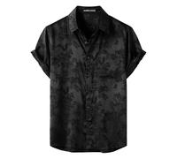 PARKLEES Men's Silk Satin Shiny Jacquard Summer Short Sleeve Shirt Luxury Leisure Floral Button Down Shirt Black XX-Large