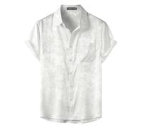 PARKLEES Men's Silk Satin Shiny Jacquard Summer Short Sleeve Shirt Luxury Leisure Floral Button Down Shirt White X-Large