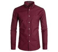 PARKLEES Men's Slim Fit Long Sleeve Smart Casual Button Down Oxford Shirts EU-PZ111 Maroon XX-Large