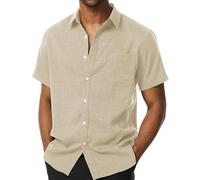 PARKLEES Men's Summer Casual Cotton Linen Slim Fit Short Sleeve Shirt Vacation Fashion Button Down Shirt with Pockets Beige Medium