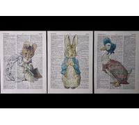 Parksmoonprints 3 x Beatrix Potter Prints Vintage Dictionary Page Wall Art Pictures Peter Rabbit Jemima Quirky Nursery Wall Art