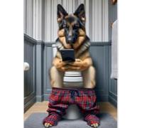 Parksmoonprints A4 Alsatian Sitting on Toilet with Mobile Phone Print - German Shepherd with Cell Phone - Funny Dog Animal Picture Bathroom Wall Art Sign