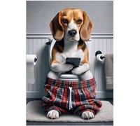 Parksmoonprints A4 Beagle Sitting on Toilet with Mobile Phone Print - Funny Dog with Cell Phone Animal Tartan Picture Bathroom Loo Rest Room Wall Art Sign