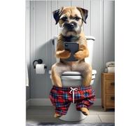 Parksmoonprints A4 Border Terrier Sitting on Toilet on Mobile Phone - Print - Funny Dog Picture Bathroom Wall Art Sign Downstairs Loo Ensuite Wall Decor