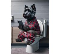 Parksmoonprints A4 Cairn Terrier Sitting on Toilet on Mobile Phone Print Dark Brindle Cairn Loo Funny Dog Animal Picture Bath Bathroom Wall Art Sign Red Tartan